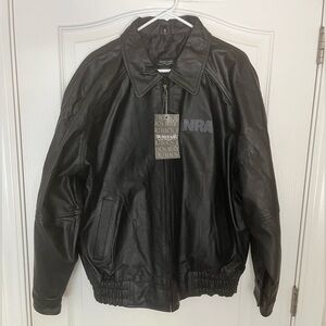 NWT Burk’s Bay Black Leather Bomber Jacket NRA Logo, Size XL